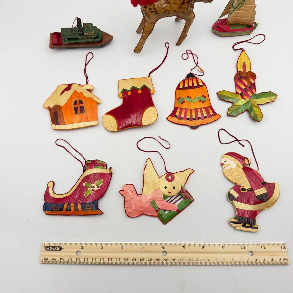 Vintage Straw Wood‎ Christmas Ornaments Set 10 Reindeer Santa Angel Folk Art